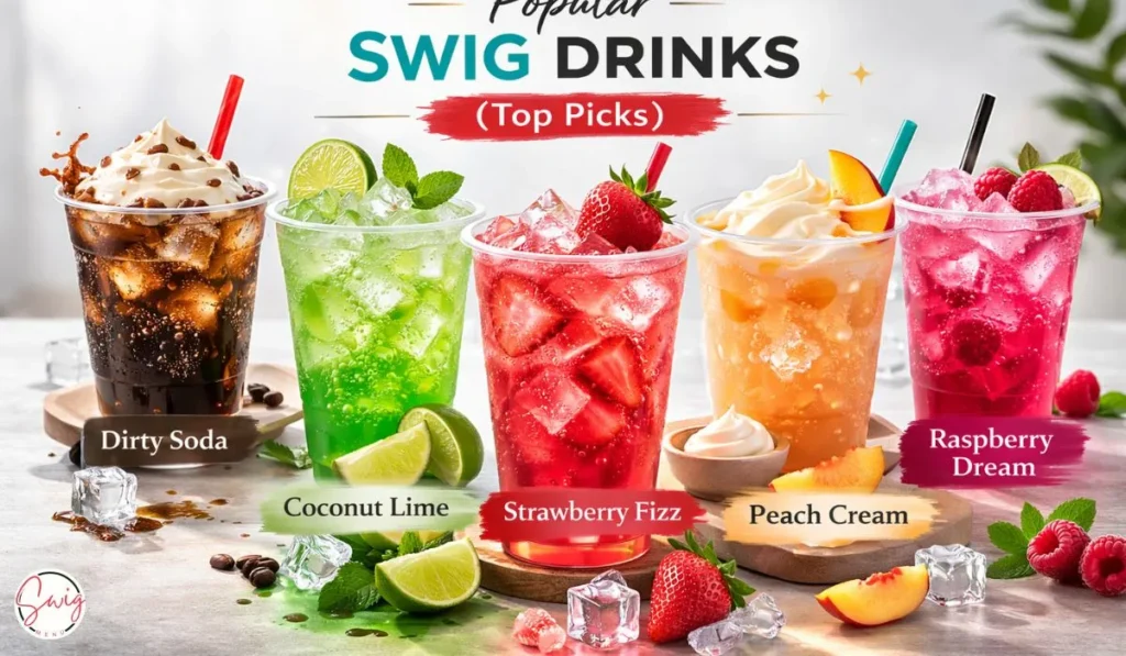Popular Swig drinks top picks featuring dirty soda, coconut lime, strawberry fizz and other customer favorites