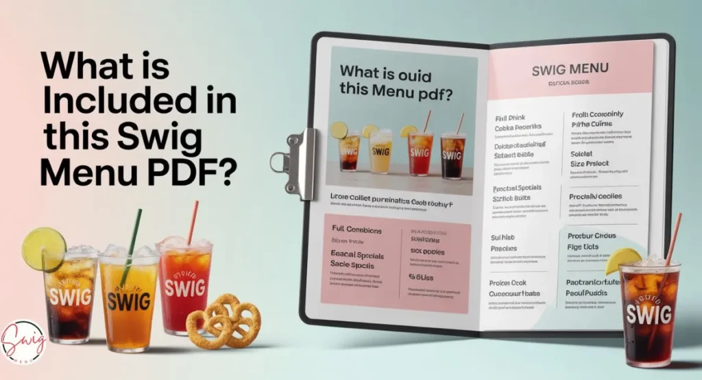 What is included in Swig Menu PDF showing full drink list, flavor combinations, seasonal specials, sizes and prices guide