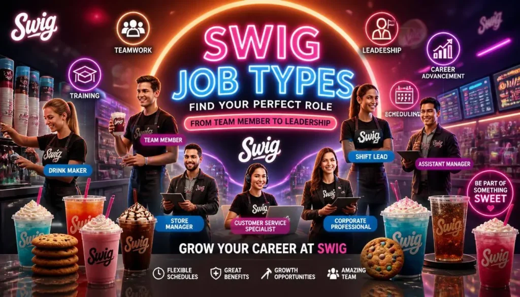 Different job types available at Swig including team member shift lead and management positions